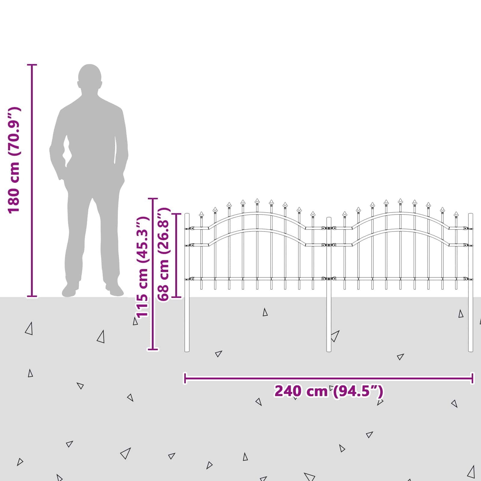 Valla de jardín con punta de lanza de acero y postes horizontales como valla duradera y segura para jardín y hogar con diseño arqueado, valla de metal con recubrimiento en polvo