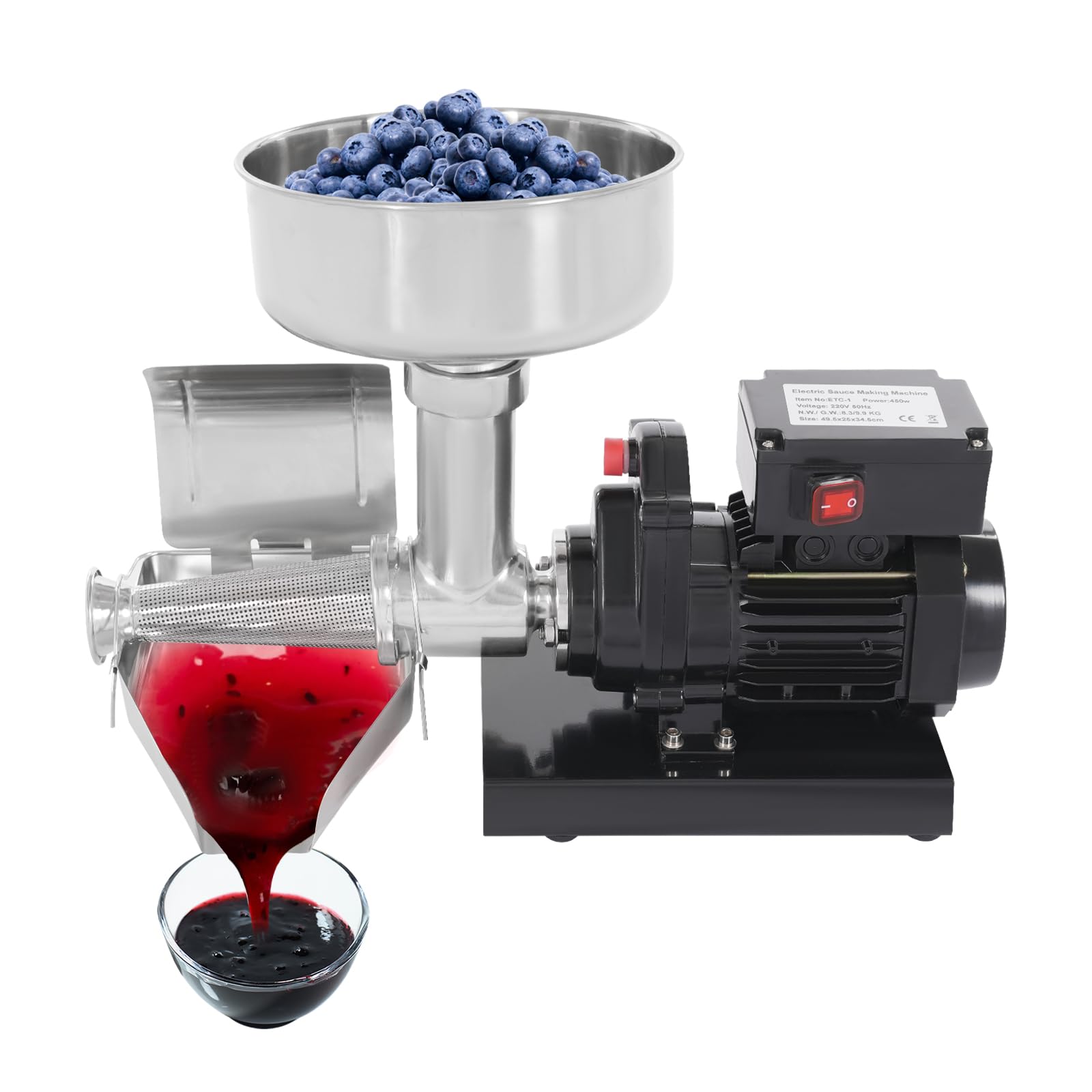 Elektrische Tomatenpresse 450W Edelstahl, Passiermaschine Für Tomatensauce, Erdbeersauce, Blaubeersauce, Leistungsstarke Tomatenpresse, Schwarz Silber