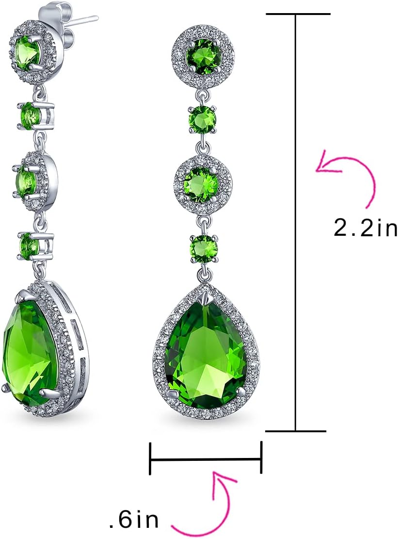 Classic Bridal Jewelry Fashion Statement Triple Round Pave Green Clear CZ Halo Long Linear Pear Shape Dangle Teardrop Chandelier Earrings For Women Wedding Prom Yelow Gold Silver Plated - Image 4