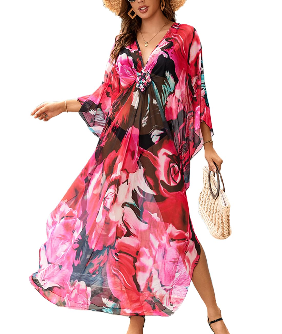 Snyemio Vestido de Playa Kaftan Mujer Verano Maxi Largo Boho Caftán Estampado Sexy Talla Grande