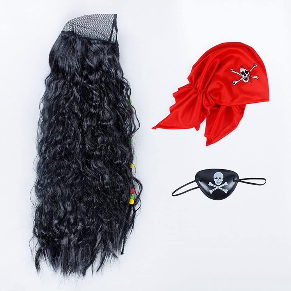 Adult Pirate Wig With Dreadlocks Patch Scarf Bandana Medieval Renaissance Halloween Costume Buccaneer Captain Dress Up Set (Red) - Image 7