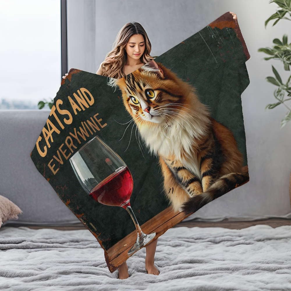 Couverture en flanelle grand lit au toucher velours motif chats et vins élégant