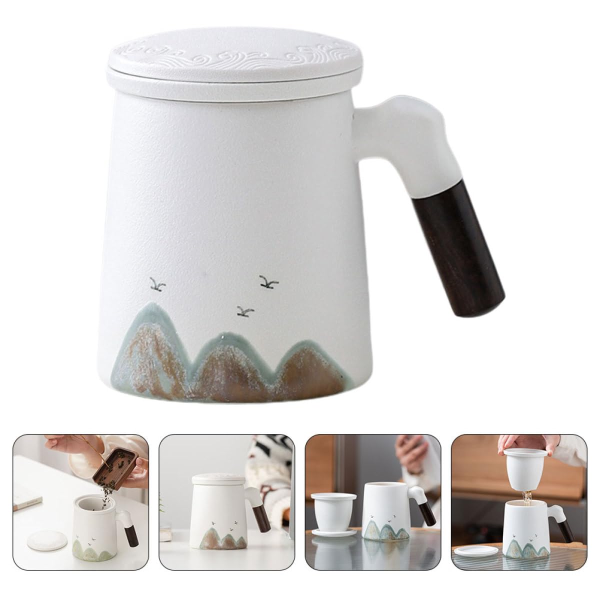 IMIKEYA Taza de Té de Cerámica con Infusor y Asa, con Tapa y Filtro, Adecuado para Preparar Té Suelto en Escritorio, white