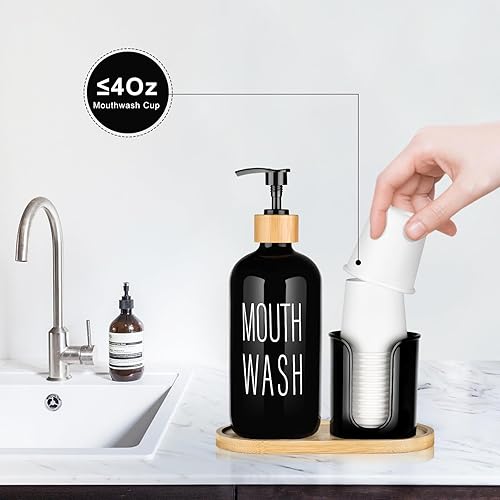 Miniatura 3 de Dispensador de enjuague bucal negro para baño, botella de vidrio con bomba de 16 onzas con soporte para tazas, 14 tazas de enjuague bucal, bandeja