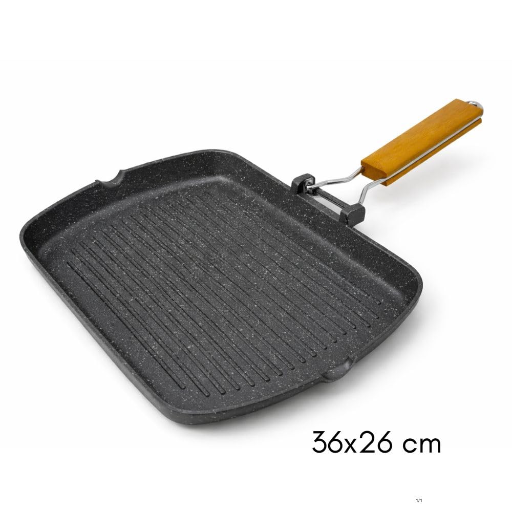 Bistecchiera 36x26 cm in Alluminio con Rivestimento in Pietra Antiaderente – Grill Pan Ultraresistente per Cottura Sana Senza Olio – Manico Ergonomico Pieghevole