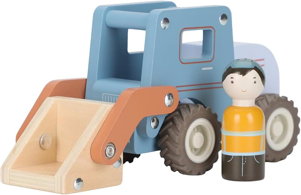 Little Dutch Bagger Bulldozer Auto mit Spielfigur Holz für Kinder - blau