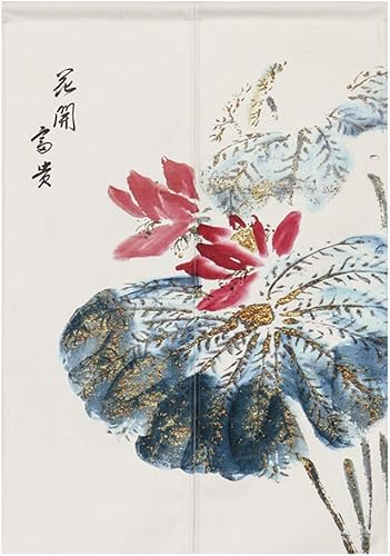 Noren - Cortinas japonesas de algodón y lino para puerta, diseño de loto, 31 x 35 pulgadas