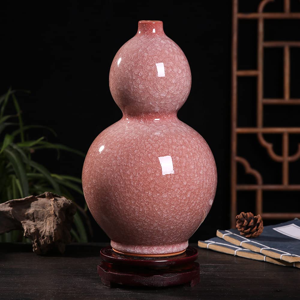 緑のひび割れ模様陶器花瓶（木製台座付き）