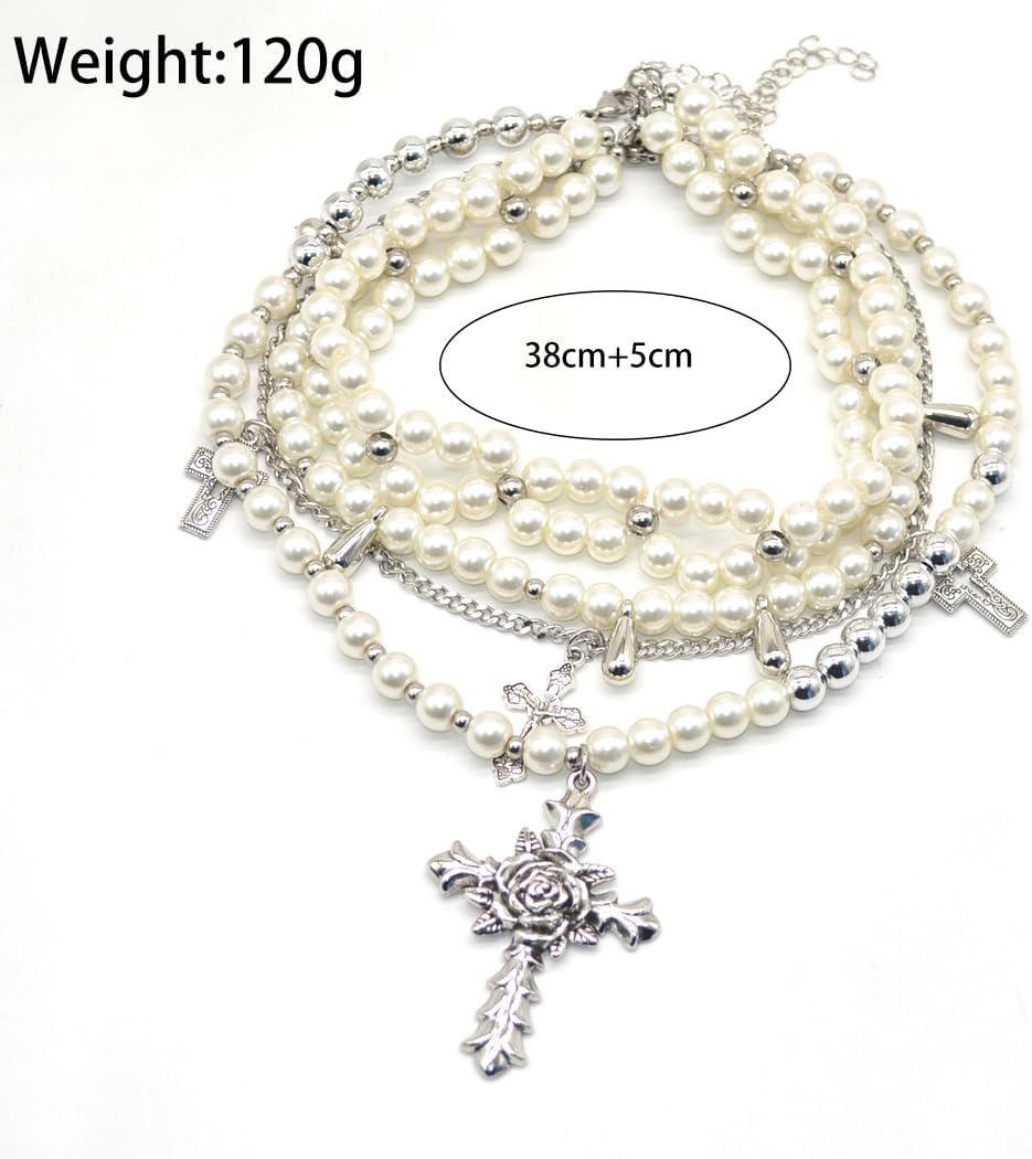 Layered Pearl Cross Choker Necklace Set for Women Gothic Stacked Statement Pearls Necklaces Adjustable Crucifix Pendant Necklaces Jewelry Gift - Image 3