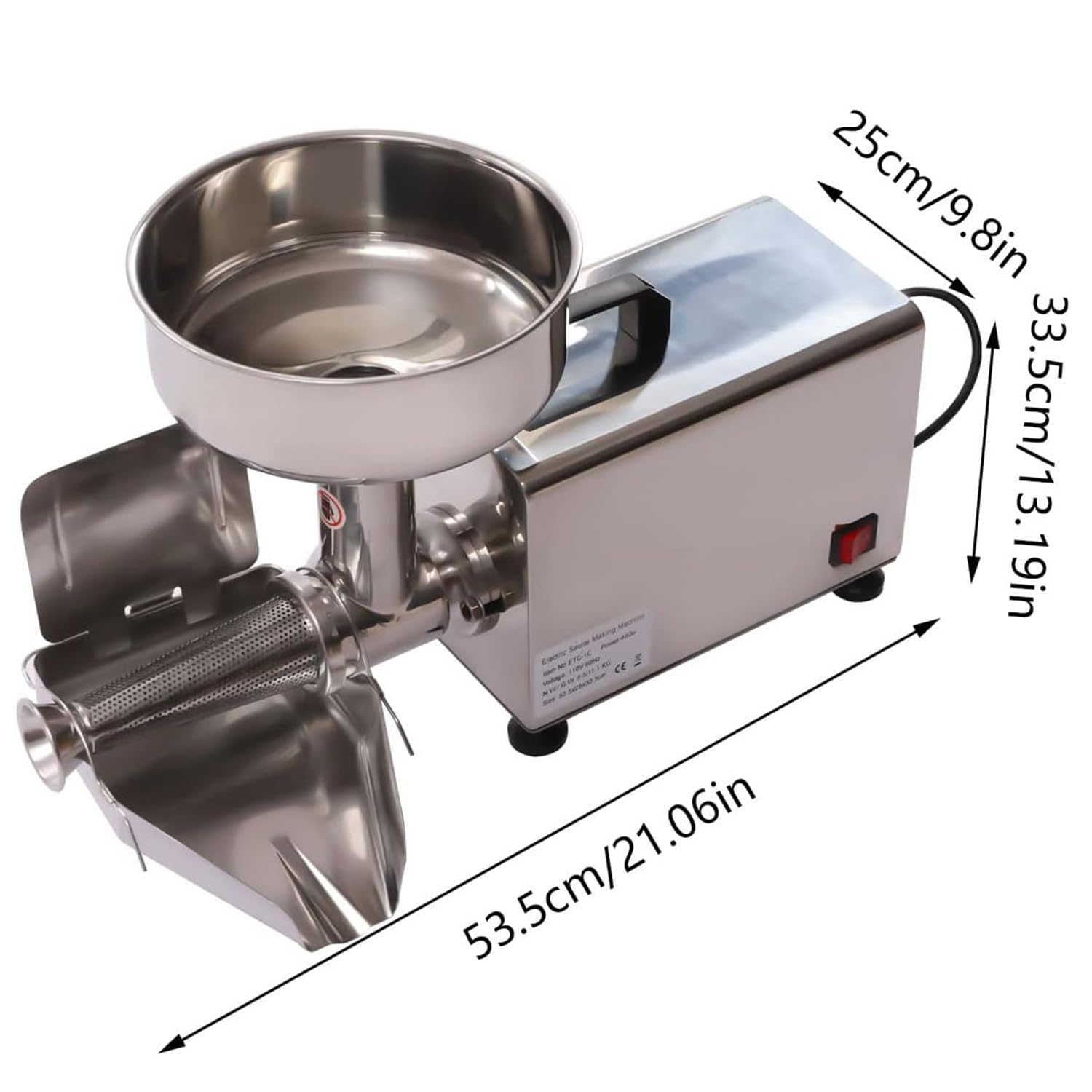 Colino elettrico per pomodori da 450 W, in acciaio inox 304, con grande imbuto, motore in rame puro, filtro alimentare e macchina per salsa di pomodoro, 50-60 kg/h