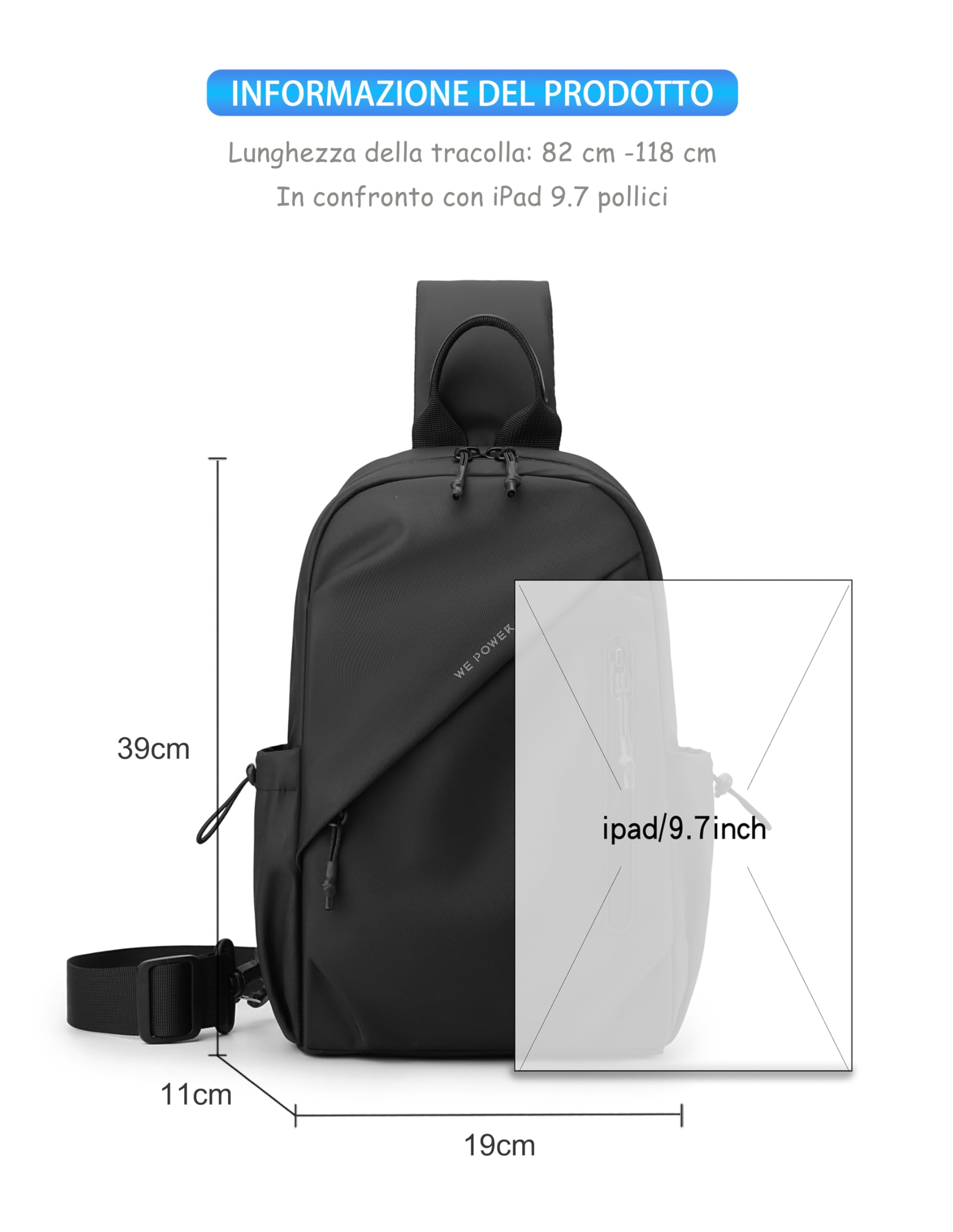Zaino Monospalla Zainetto Borsa piccola a Tracolla Regolabile in membrana PU Borsello Porta Tablet Crossbody Bag per Uomo (Nero)