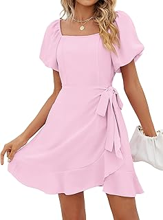Sampeel Womens Summer Dresses Square Neck Puff Sleeve Tie Waist Short Dress OEKO-TEX STANDARD 100