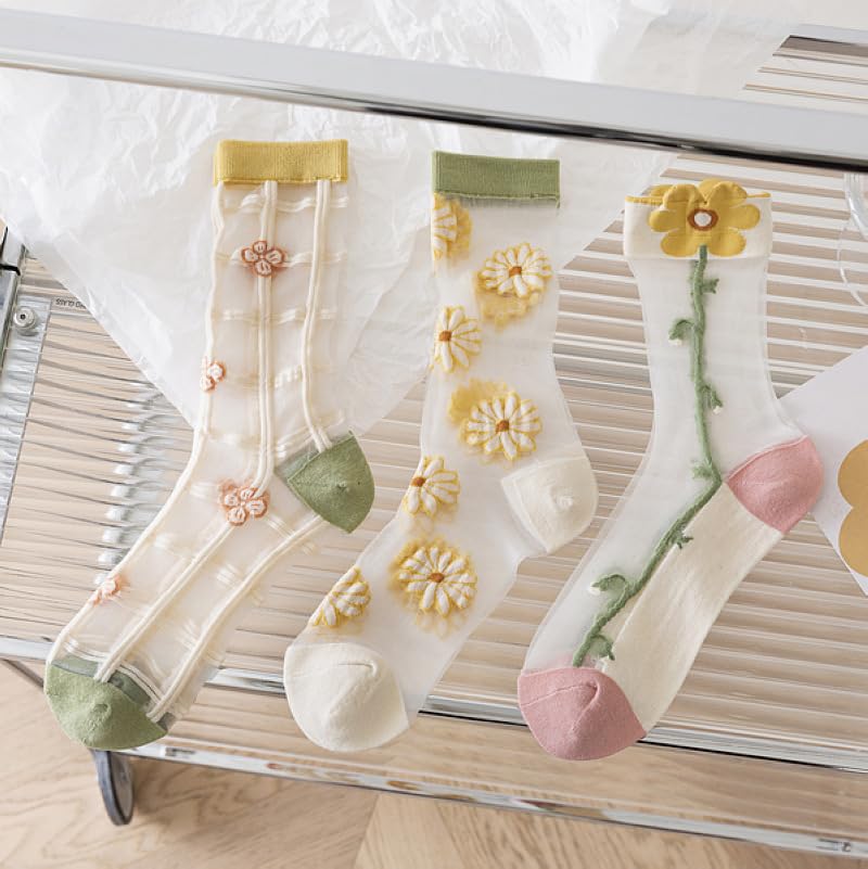 Image of Alafime 8 Pairs Sheer Vintage Embroidered Floral Socks for Women Coquette Aesthetic Mesh Y2K Fulle Socks