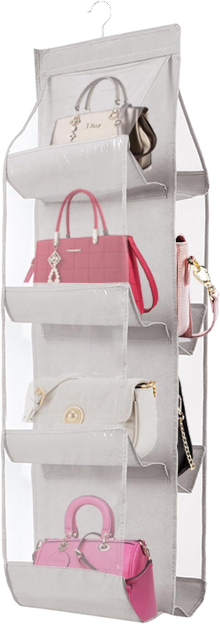 AARAINBOW 1 Pack Hanging Handbag Purse Organizer, Bags Organizor for Purse 8 Pockets Wardrobe Closet Space Saving Handbag Storage, 44.5L x 13.5W (B-Light Gray)