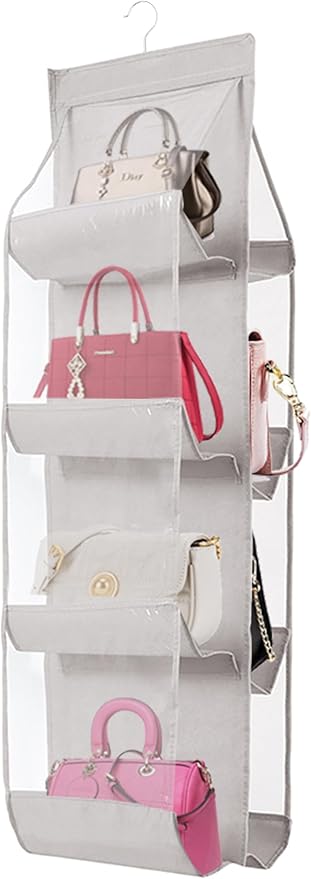 1 Pack Hanging Handbag Purse Organizer, Bags Organizor for Purse 8 Pockets Wardrobe Closet Space Saving Handbag Storage, 44.5L x 13.5W (B-Light Gray)