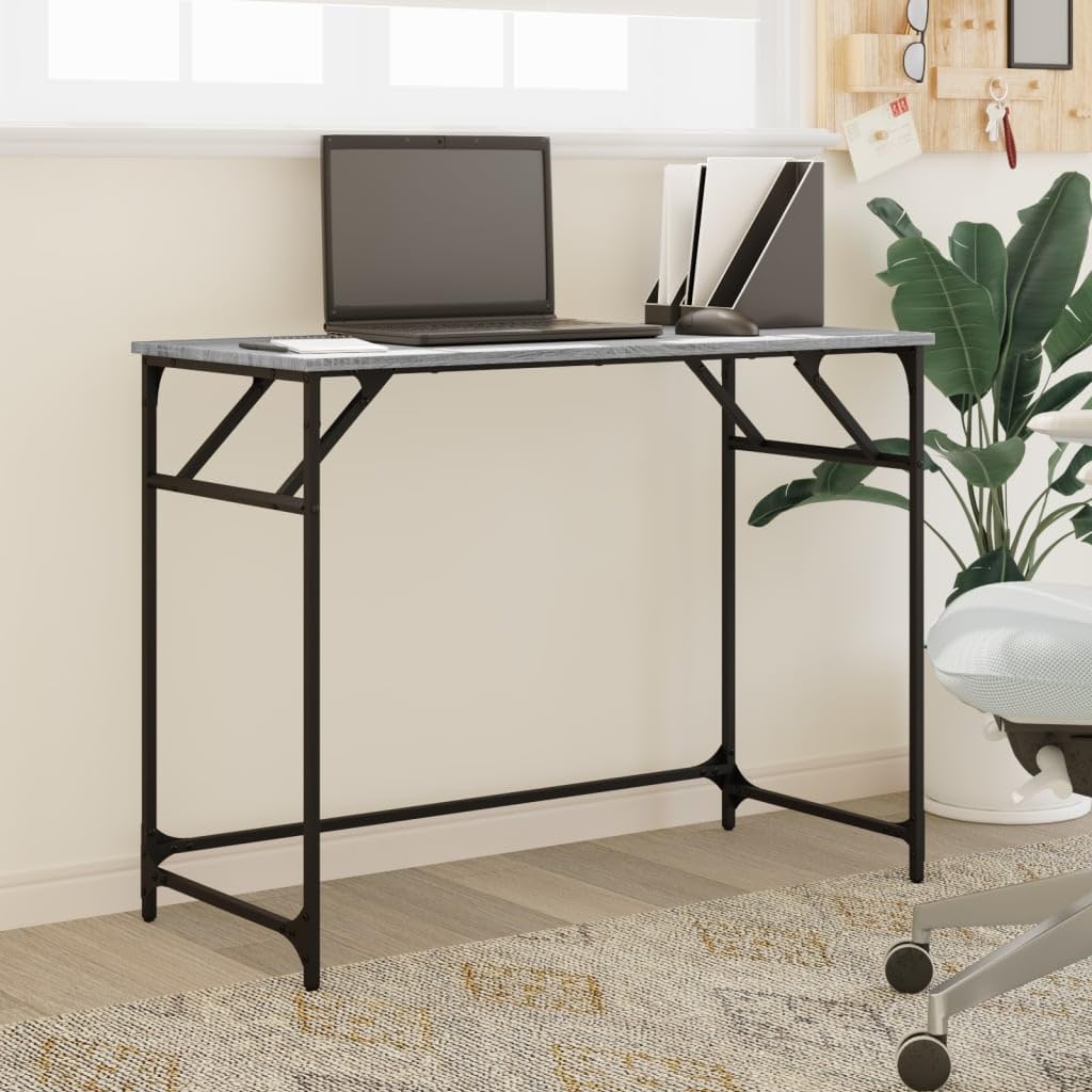 Scrivania in legno Sonoma e acciaio, 100 x 45 x 76 cm, compatta, per casa, studio, camera dei ragazzi, con piano stabile e piedini in metallo moderni