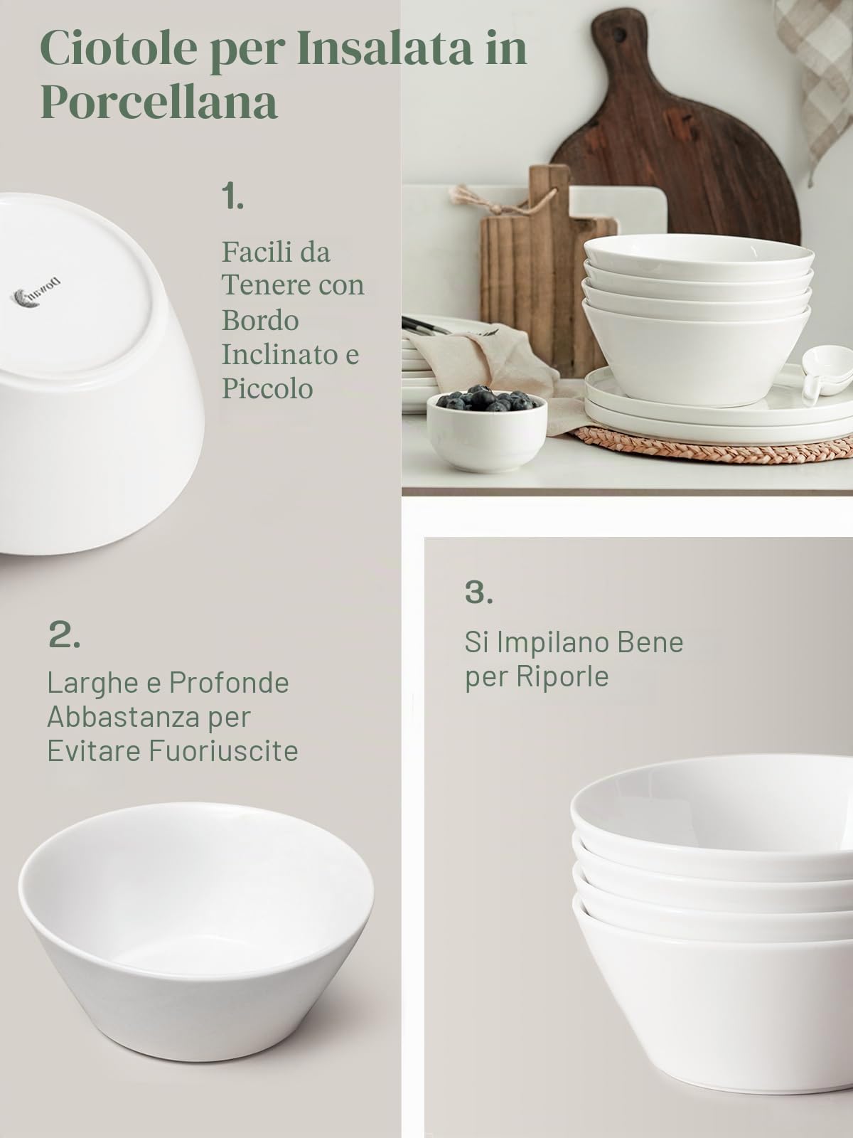 DOWAN Set di 4 insalatiere grandi in ceramica da 1,658 g, adatte al microonde e alla lavastoviglie, ideali per insalata, frutta, pasta, snack, farina d'avena, set di ciotole per zuppe per ristorante
