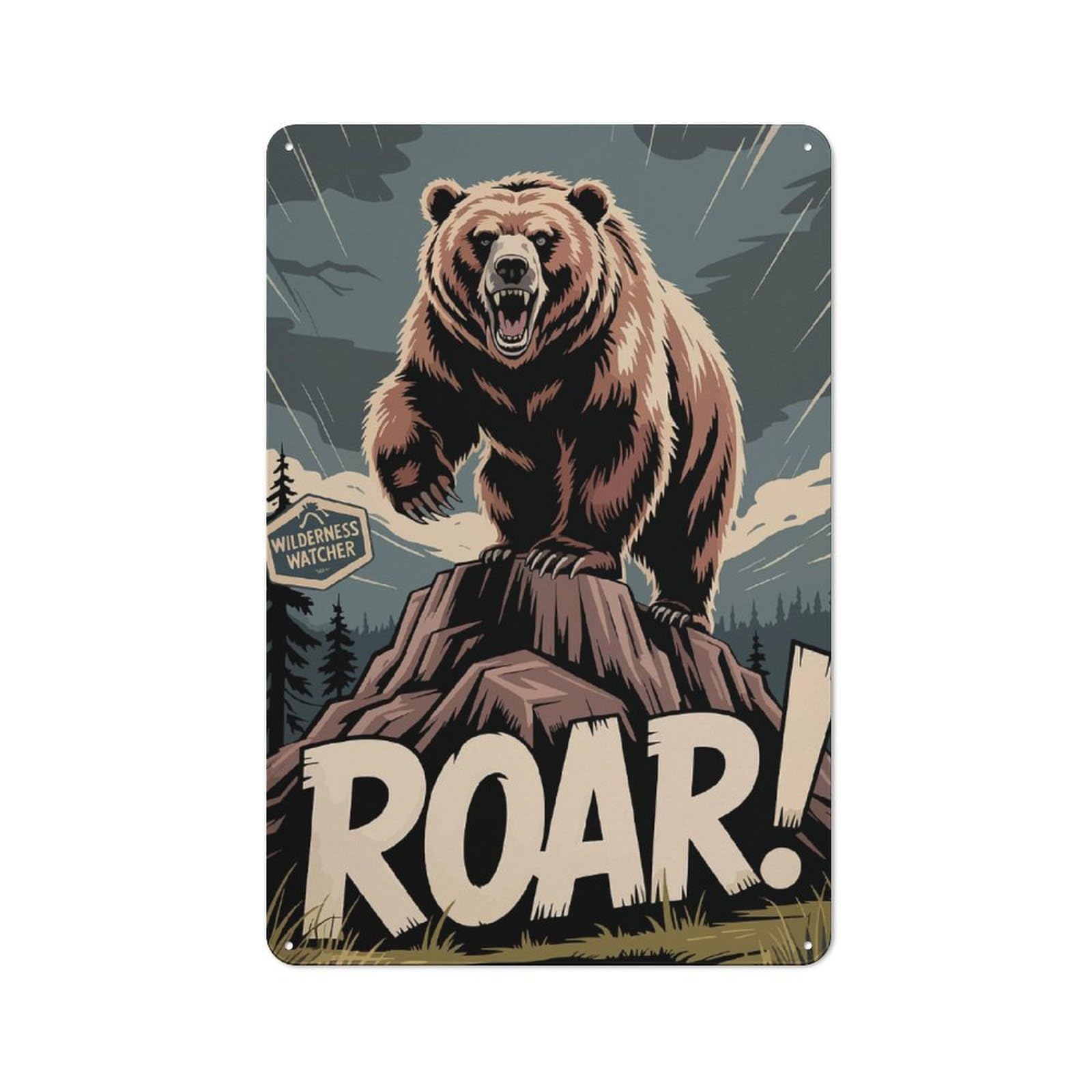 Junmoney Roaring Bear Wilderness Watcher Cottage Metal Wall Decor 30X20cm, Shed Metal Sign For Patio Bar, Workshop, Shed Or Kitchen