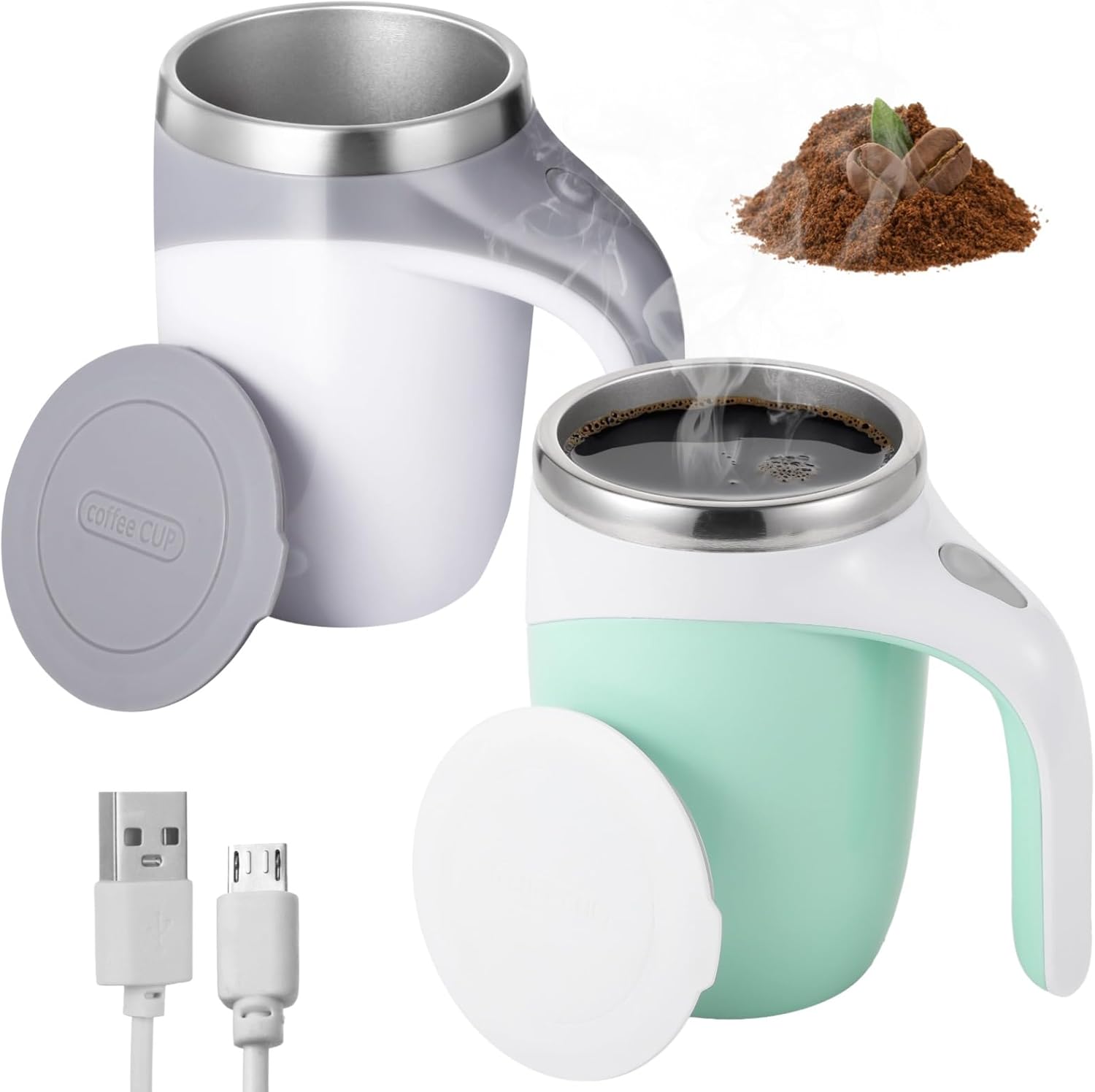 Self Stirring Coffee Mug, 2 Pcs Automatic Adsorbent Travel Stirring Mug, 13.3oz Rechargeable Electric Mixing Cups, 304 Stainless Steel Rotating Travel Cups, Christmas Gift Birthday Gifts(White,Green)