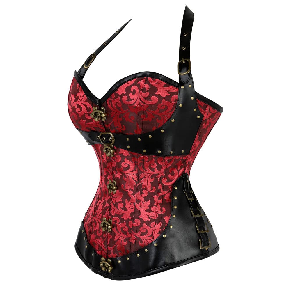Corsetto,Donne Scollo All'Americana Corsetto Retrò Top Jacquard Cuciture Gotiche In Pelle Indietro Lacci Corsetto Steampunk Overbust Bustier Body Shaper Lingerie Cosplay Corsetto Disossato,Rosso,Xx