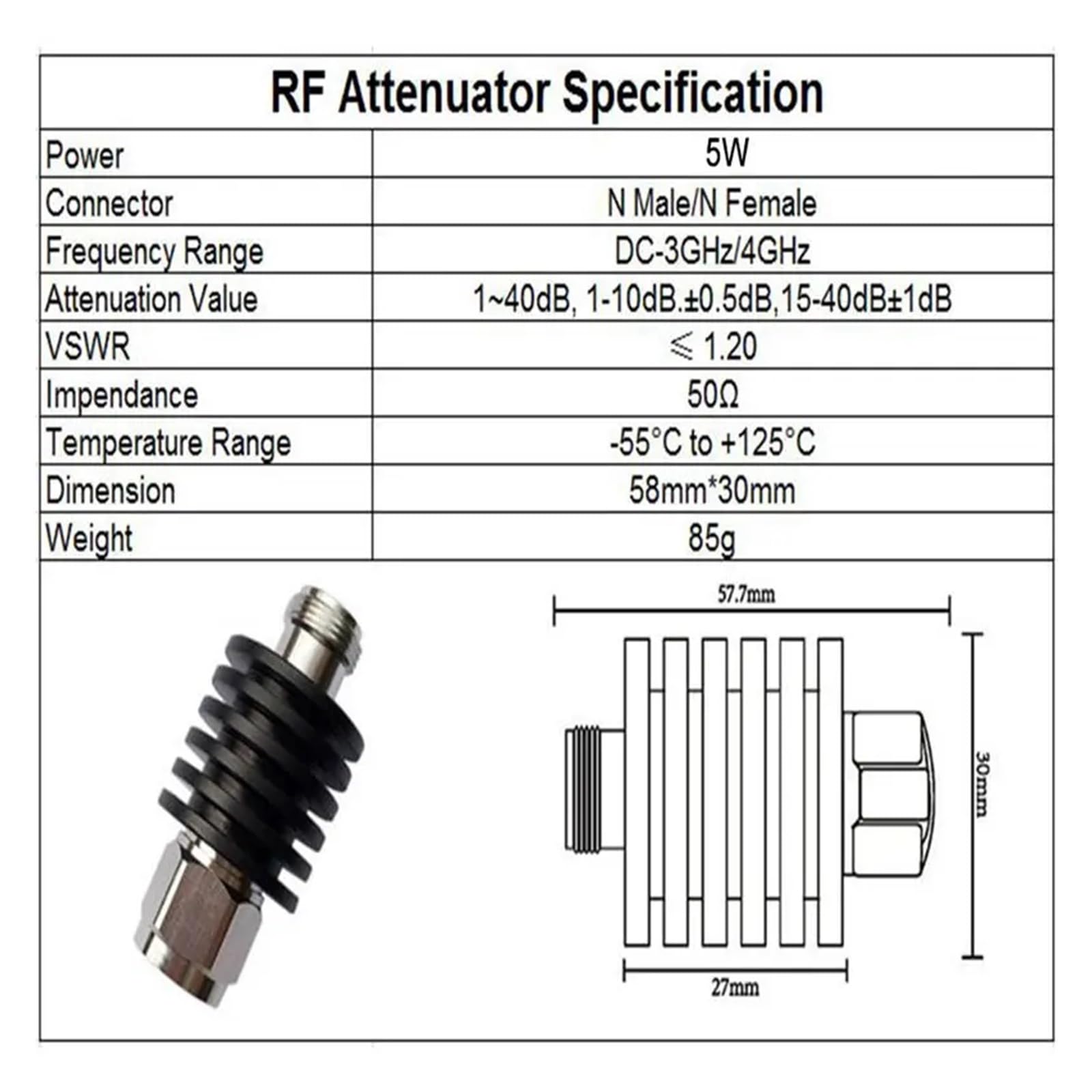 Attenuatore di Tipo N da 5 W, DC-3 GHz/4 GHz, 1/2/3/5/6/10/15/20/30 dB/40 Db, Spina di Alimentazione coassiale RF N Maschio-Femmina, da Maschio a Femmina, 50 Ohm.(4G,20db)