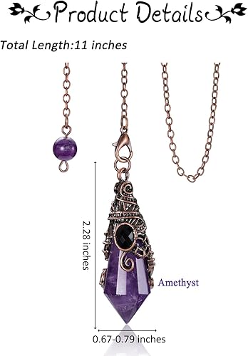 Miniatura 5 de PESOENTH Péndulo de cristal de amatista para radiestesia, adivinación, con envoltura de bronce, piedra curativa, piedra preciosa, dije de punto de