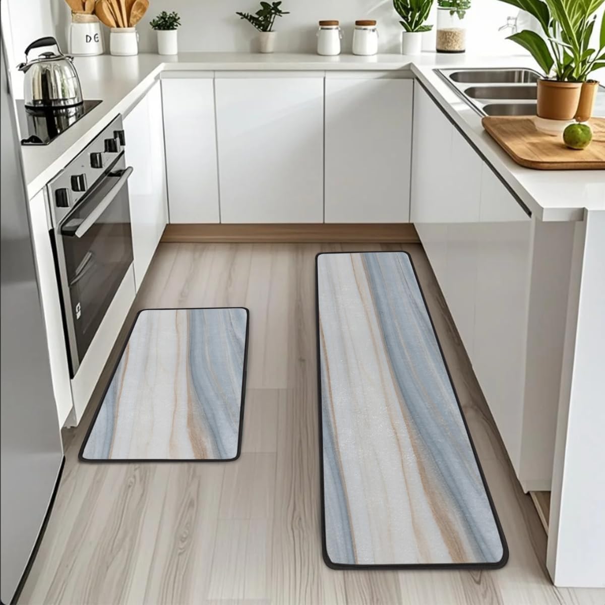 Anti Fatigue Light Soft Marble Kitchen Mats for Floor 2 Piece Set, Waterproof Non Slip Boho Kitchen Floor Rugs, Comfort Standing Mat for Sink Laundry & Home Kitchen 17"x47"+17"x29"