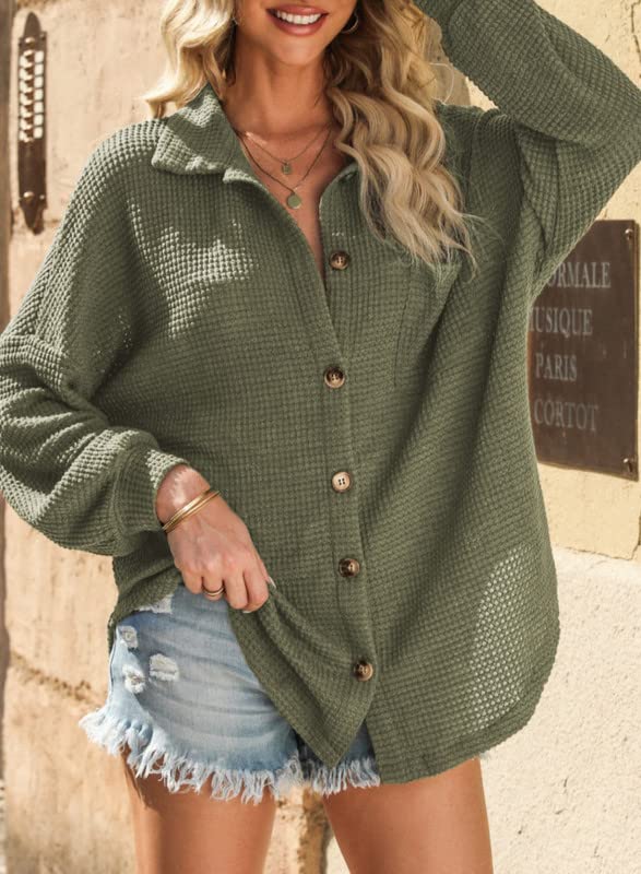 Image of Dokotoo Womens Waffle Knit Shacket Jacket Casual Button Down Shirts Tops | Long Sleeve,Loose Fit,Boyfriend Style,Collared V Neck,Fall Cardiga,Outwear with Pockets