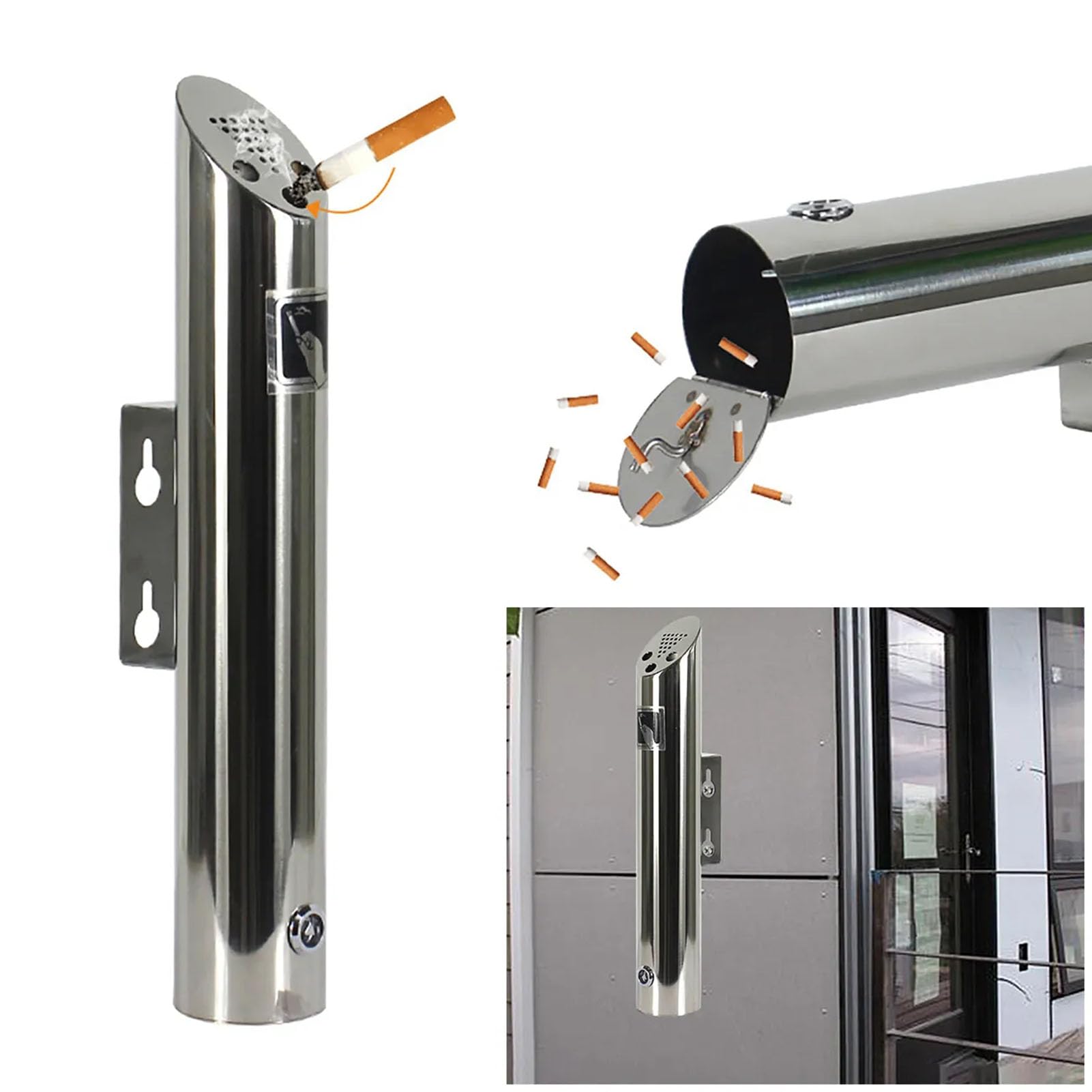 Public Wall-mounted Ashtray Stainless Steel Outdoor Cylinder Ash Tray Lockable Cigarette Bin with Key(20X5CM)