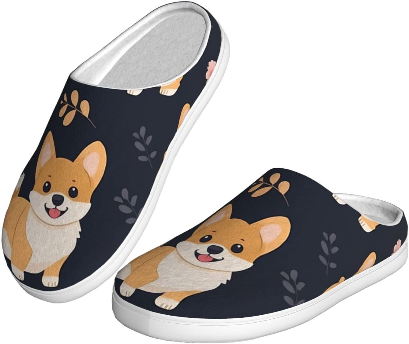 Kawaii Smiling Corgi Women’s Cozy Slippers Soft Cotton Indoor & Outdoor House Slippers With Anti-Slip Sole, Warm Lightweight Comfort For Home, Travel, Winter