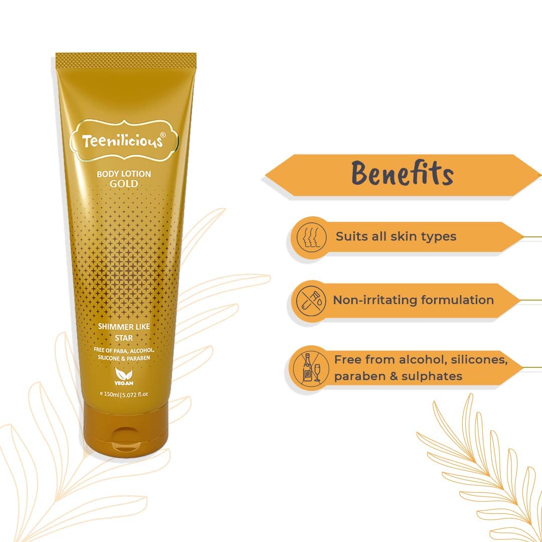 Teenilicious Gold Sparkle Body Lotion for Women & Men | Skin Moisturizer & Shimmer Lotion | Vegan | Free from Alcohol, Silicones, Paraben & Sulphates | Suitable for All Skin - 150ml 1