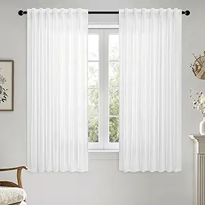 MIULEE White Linen Curtains 64 Inch Length 2 Panels for Kitchen Bedroom, Soft Thick Linen Textured Window Drapes Semi Sheer Light Filtering Back Tab Rod Pocket Burlap Look Decor