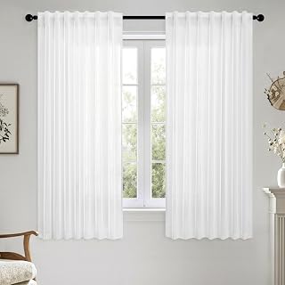 MIULEE White Linen Curtain Short 60 Inch Long 2 Panels for Kitchen Bedroom