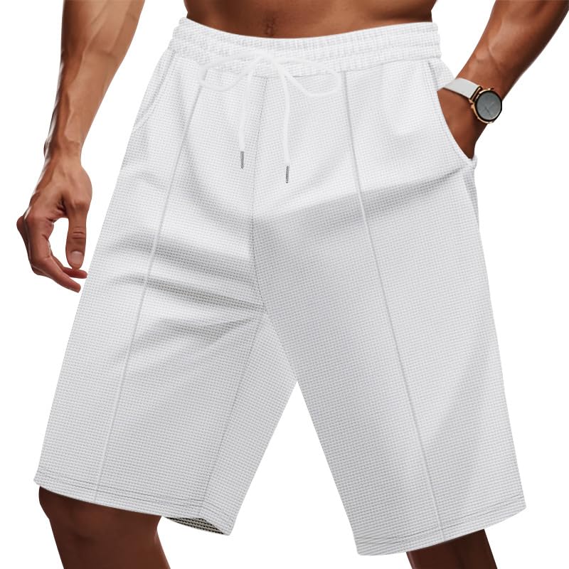 Casual Mens Waffle Shorts Summer Trendy Solid Color Drawstring Elastic Waisted Sports Bermuda Shorts Gym Wear