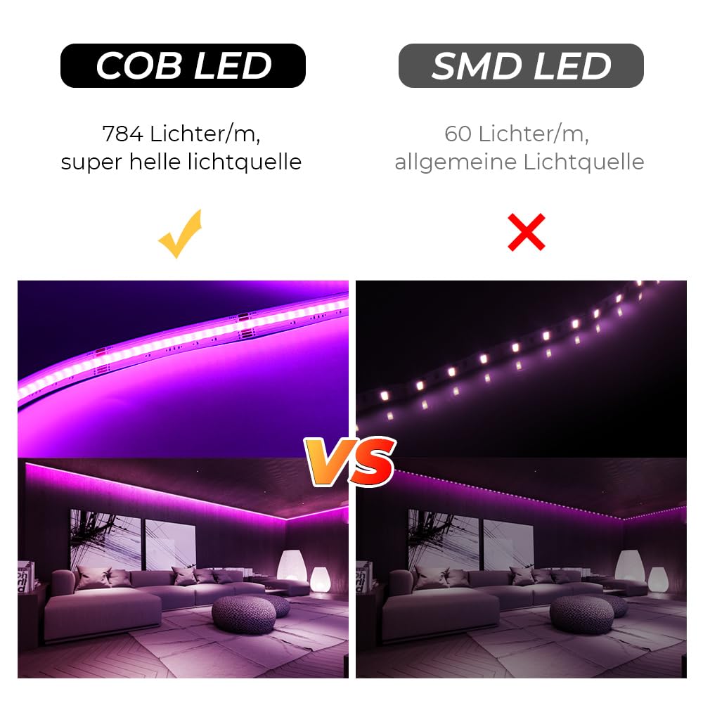 5M COB Wifi Cinta Led Sin fuente de alimentación,Led Dormitorio RGBW+Blanco cálido 784LED/M DC24V, Led Cinta Tira Led Multicolor Sin fuente de alimentación LED tira