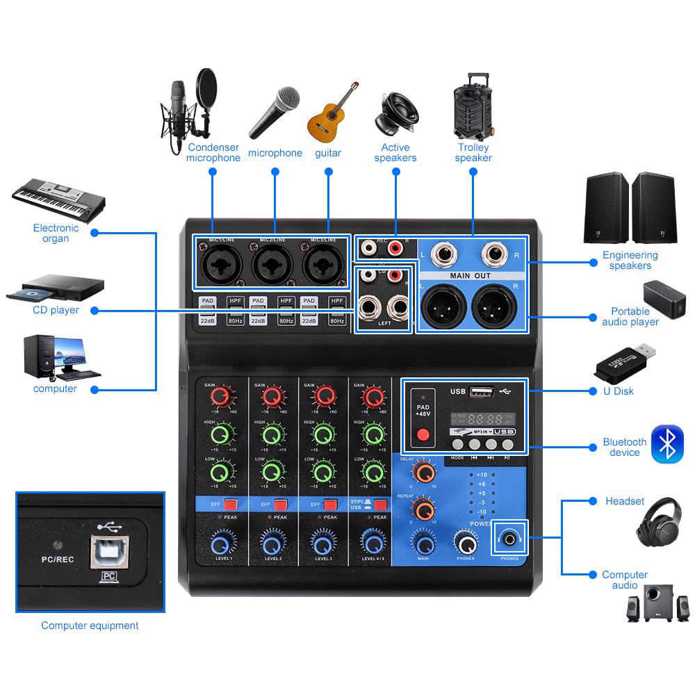 Table Mixage Table de Mixage USB Console de Mixage Alimentation Fantôme 48V Audio Professionnel PC EQ Karaoke (5 canaux)