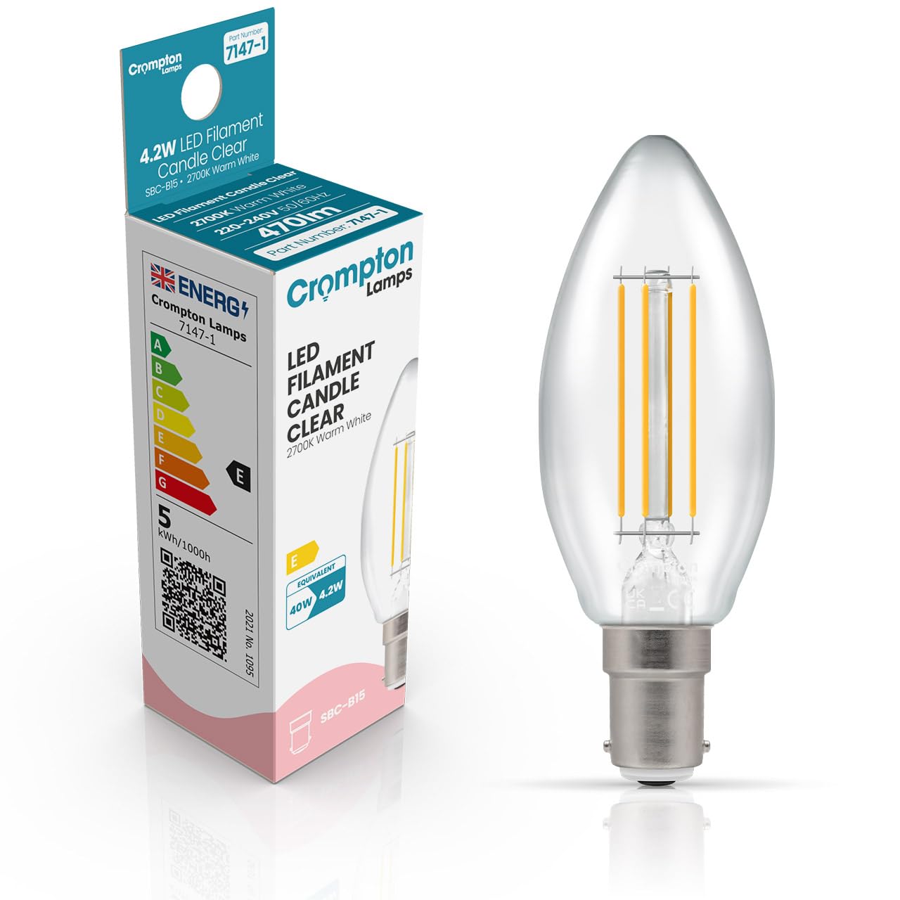Crompton Lamps Filament Candle LED Light Bulb SBC-B15d | 4.2W = 40W Equivalent | Warm White 2700K | Energy Efficient | Small Bayonet Lightbulb | Long Life 10,000-Hrs | Clear Glass | Dimmable โ image 1