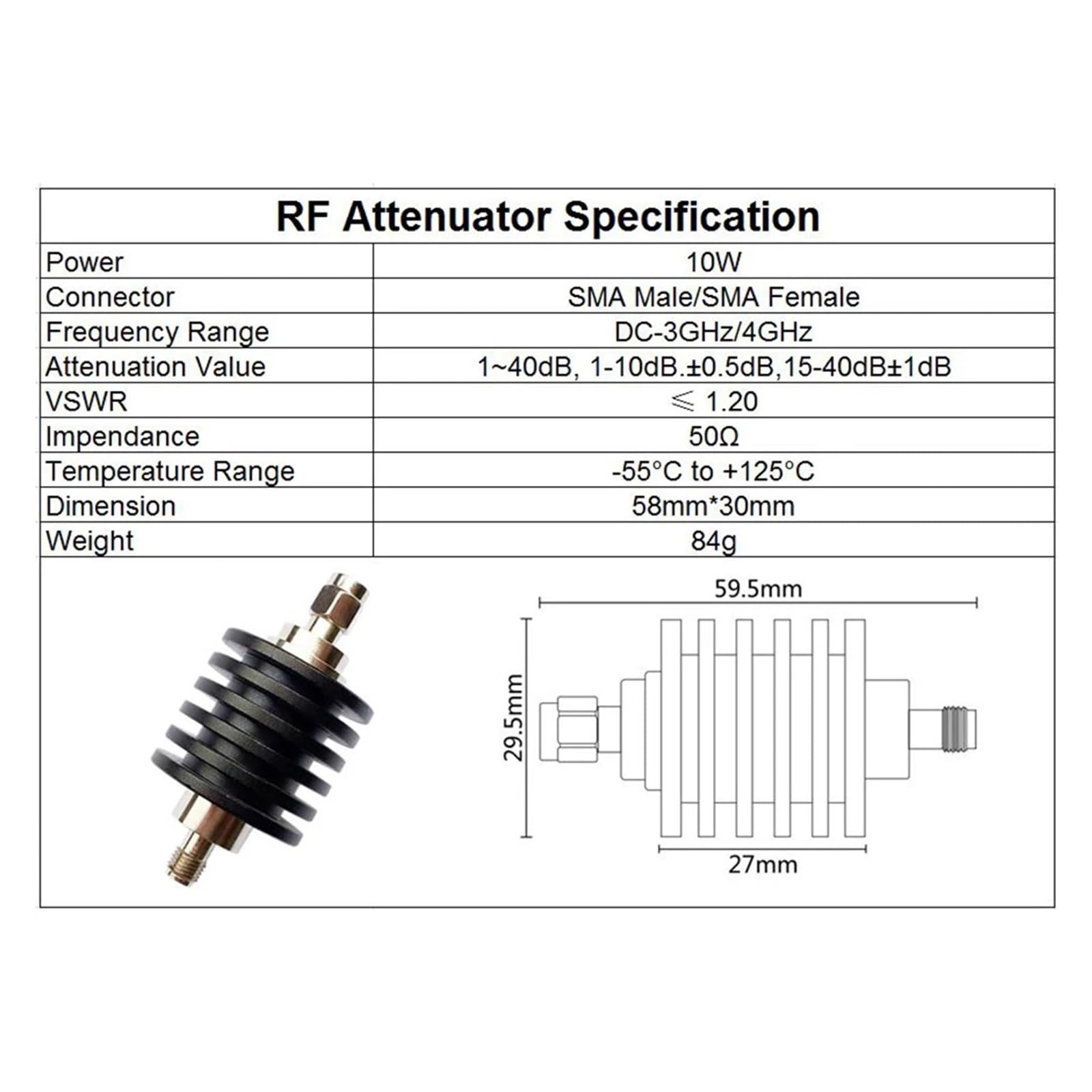 Attenuatore coassiale 10W SMA Tipo Attenuatore DC-3Ghz/4Ghz 1/2/3/5/6/10/15/20/30db/40db SMA RF coassiale di Potenza Maschio a Jack Femmina 50 Ohm(2db,4GHz)