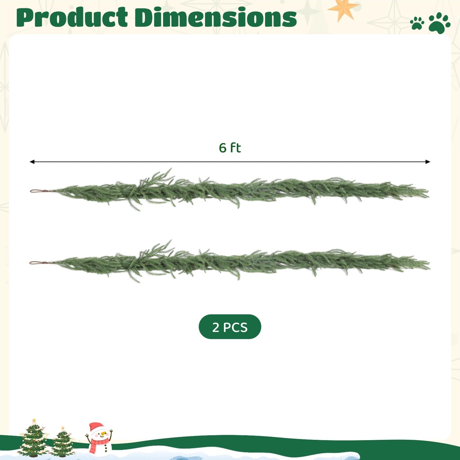 2 STK. Künstliche Tannengirlanden, 6 Fuß Real Touch Wintergrün, Norfolk Pine Girlande aus Kunststoff mit Schlaufen, Weihnachtsdeko für Tisch, Kaminsims, Türrahmen, Wand, innen und außen