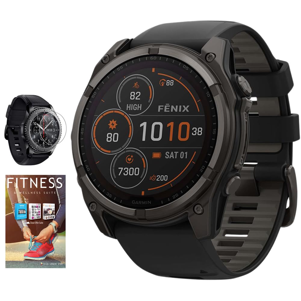 Garmin 010-02906-10 Fenix 8 47 mm Solar Sapphire Carbon Gray DLC Titanium with Black/Pebble Gray Bundle with Tech Smart USA Fitness & Wellness Suite and Round Tempered Glass Screen Protector