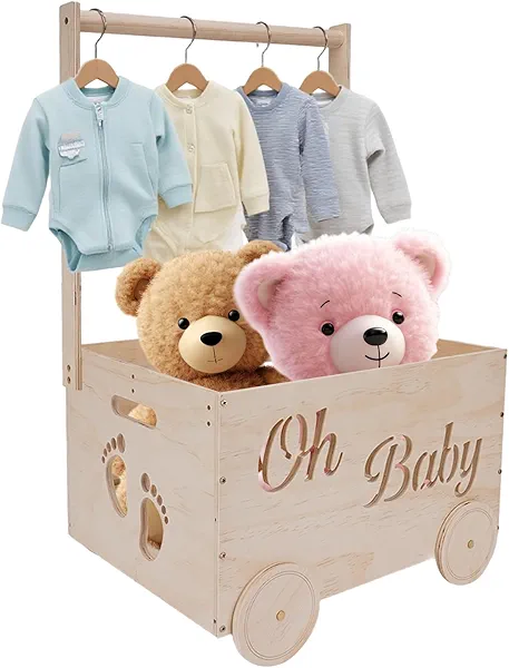 HMAZAE Baby Shower Gifts Baskets, Wooden Baby Closet Gifting for Newborn Boys and Girls, Wood Crate Box with Handle and Wheels, Personalized Cute Babyshower Decorations Basket for New Born