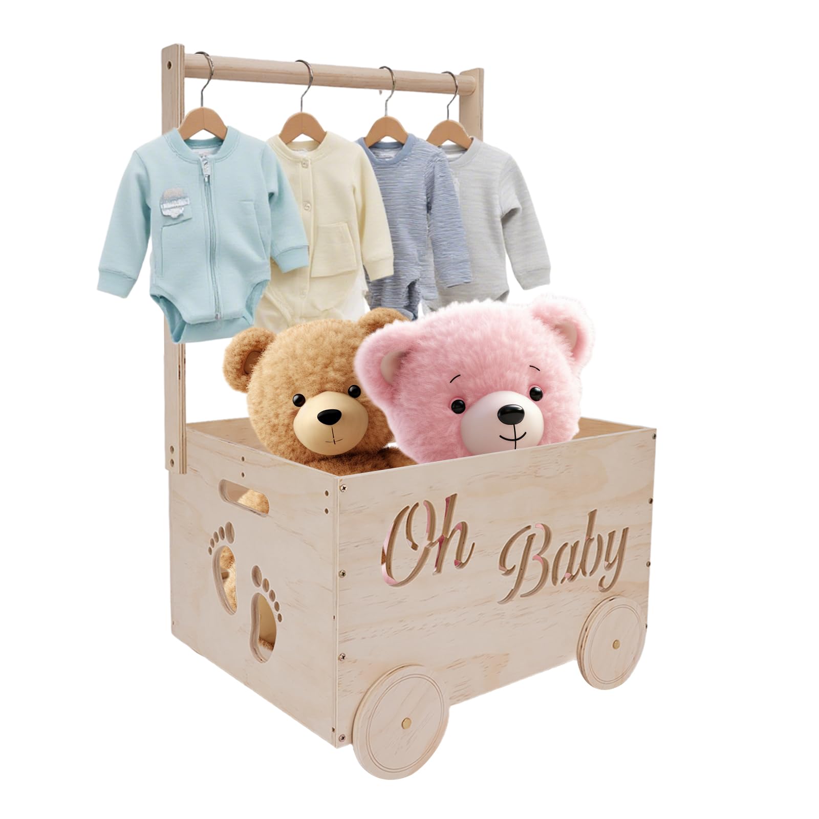 Cestas de regalo para baby shower HMAZAE, cestas de madera para guardarropa de bebé, regalo para recién nacidos, niños y niñas, caja de madera con asa y ruedas, cesta personalizada con decoraciones lindas para baby shower para recién nacidos.
