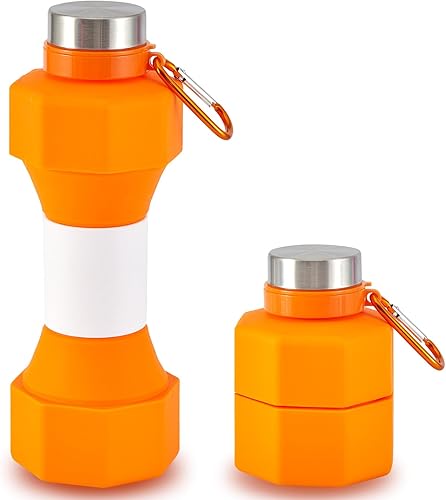 Giraffe Creation Botella de agua plegable con mancuernas, reutilizable de silicona sin BPA, a prueba de fugas, botella de agua plegable para viajes,