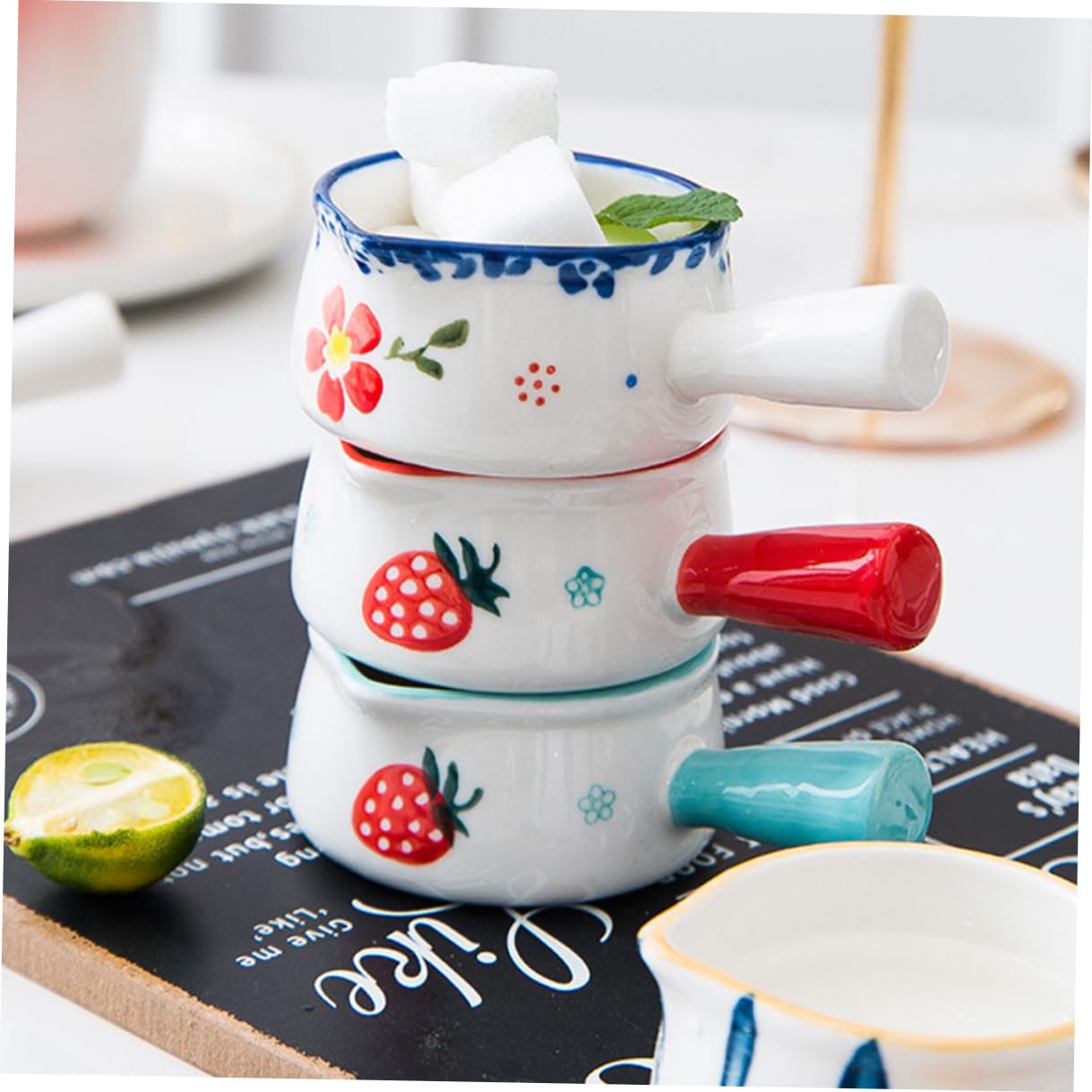 6 Stück Kleiner Keramikkännchen mit Griff 50ml für Milch und Soße