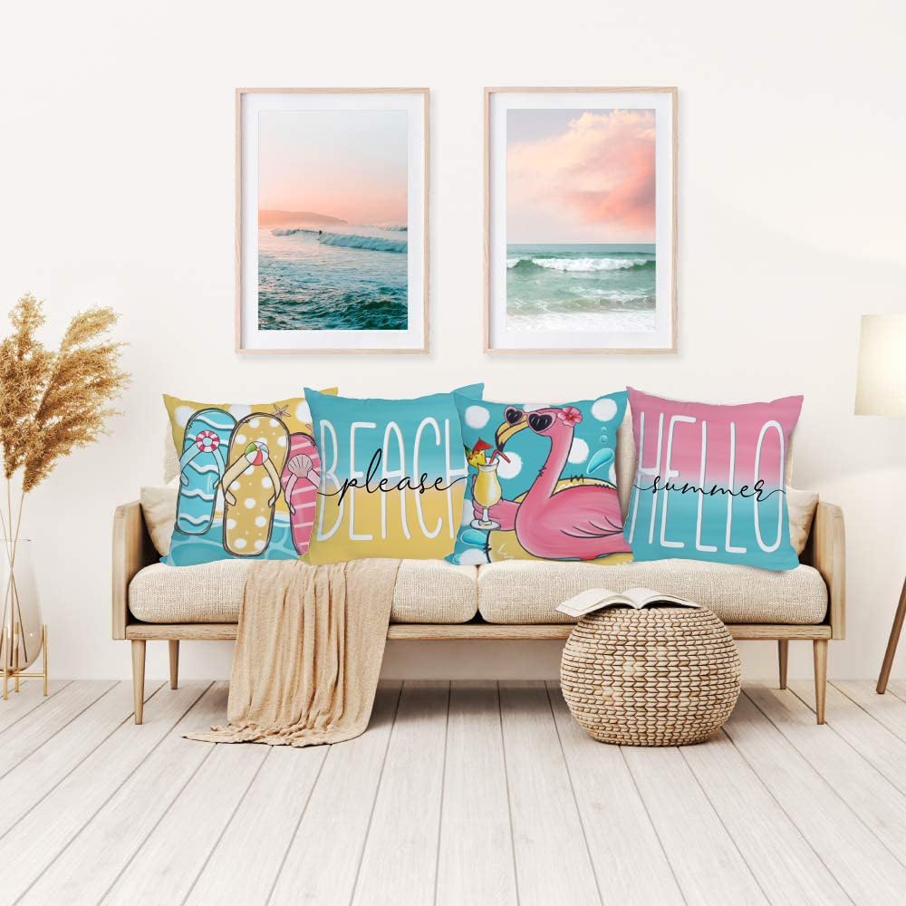 Fukeen 4 Pack Waterproof Outdoor Summer Beach Throw Pillow Covers 24x24 Inch Flamingo Flip Flops Tropical Flower Starfish Farmhouse Decoration Pillow Cases Blue Ocean Sea Sand Cushion Cover