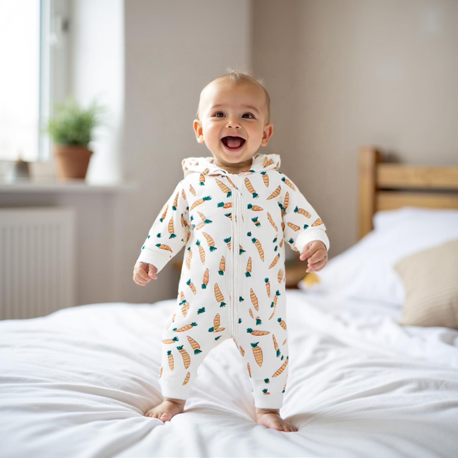 LAGKIYOJ Newborn Baby Easter Outfit Romper Carrot Print Bunny Ears Long Sleeve Hoodie Jumpsuit Fall Winter Baby Clothes (White, 0-3 Months)