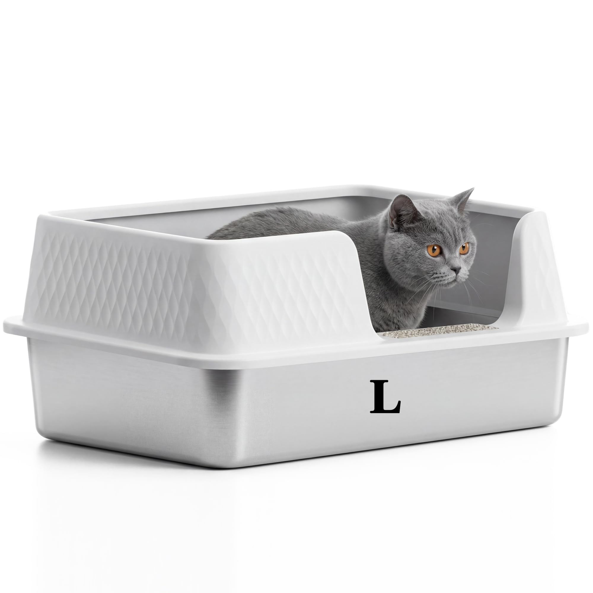 Suhaco Stainless Steel Cat Litter Tray with Lid 50x35x20cm for Big Cats High Sided & Low Entry Metal Litter Box (White)