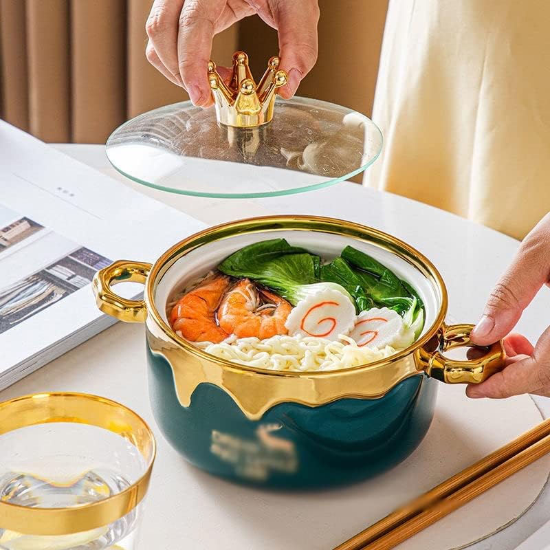 700ml Ceramic Noodle Bowl with Lid Soup Home Two-ear Salad Cute(D)