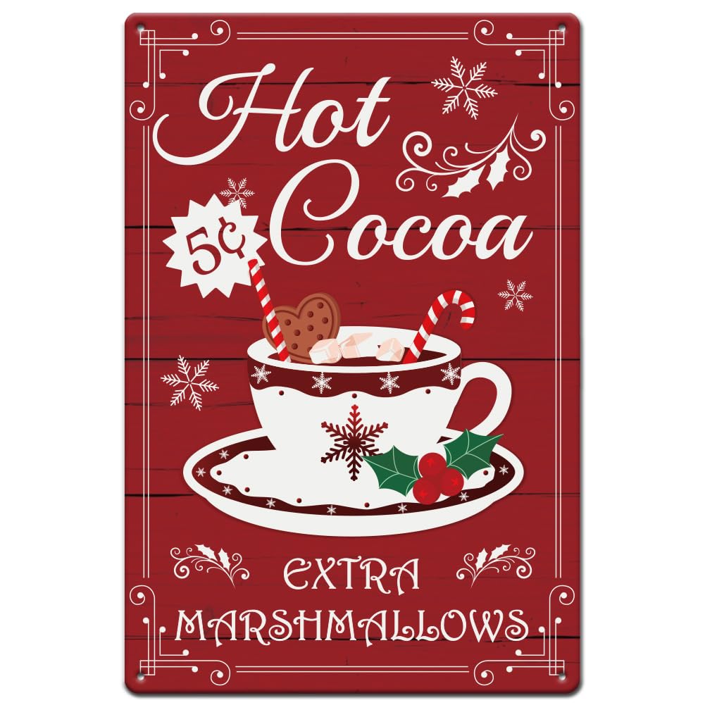 SUPERDANT Hot Cocoa Metal Tin Signs Merry Christmas Metal Sign Snowflakes Tin Sign Plaque Retro Metal Poster for Christmas Party Home Living Room Bars Cafes Pubs Decorations