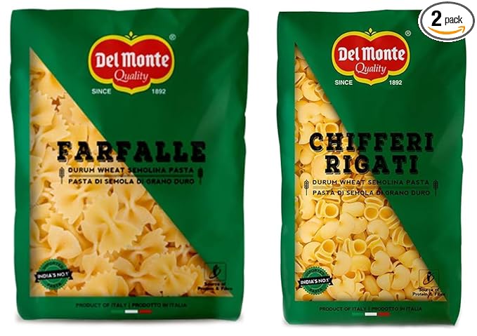 Farfalle Pasta (Imported), 500g & Del Monte Chifferi Pasta (Imported from Italy), 100% Durum Wheat Semolina, 500g